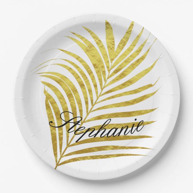 Palm Tree Gold Foil Leaves Name Unique Glittery Paper Plates (Front)