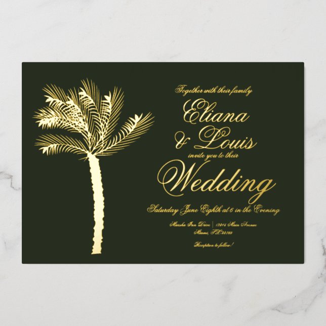 Palm Tree Gold Green Summer Wedding Pressed Foil Invitation (Front)