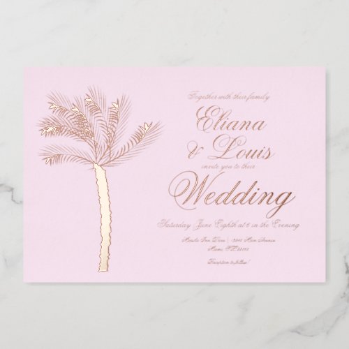 Palm Tree Gold Summer Pink Wedding Pressed  Foil Invitation