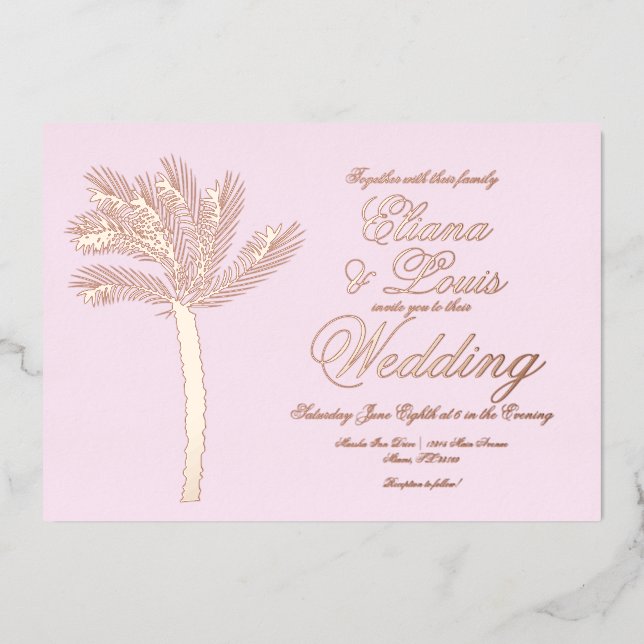 Palm Tree Gold Summer Pink Wedding Pressed  Foil Invitation (Front)