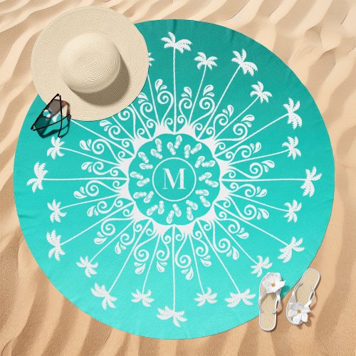 Palm Tree Gradient Mandala Monogram Aqua Beach Towel