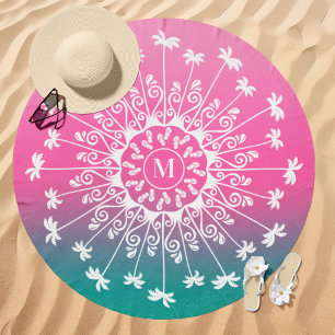 Palm Tree Gradient Mandala Monogram Pink and Teal Beach Towel