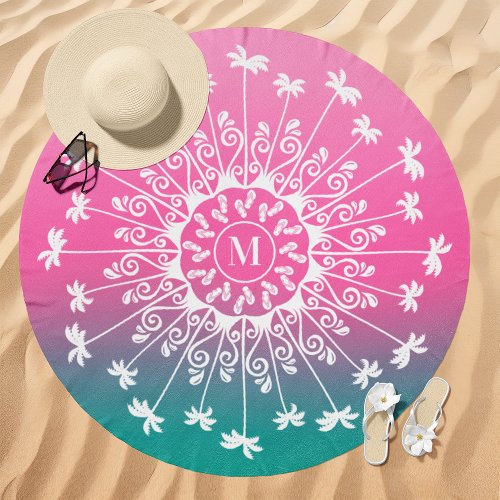 Palm Tree Gradient Mandala Monogram Pink And Teal Beach Towel