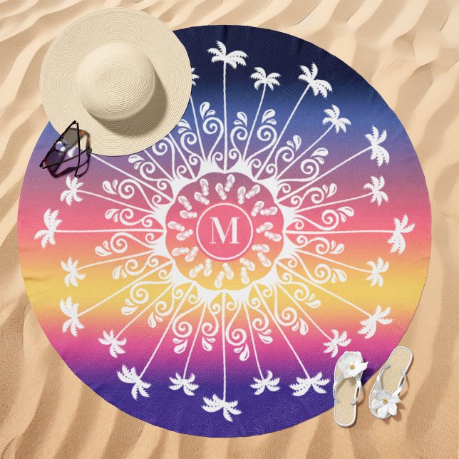 Palm Tree Gradient Mandala Monogram Purple Sunset Beach Towel (Creator Uploaded)