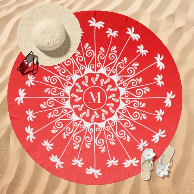 Palm Tree Gradient Mandala Monogram Red Beach Towel (Creator Uploaded)