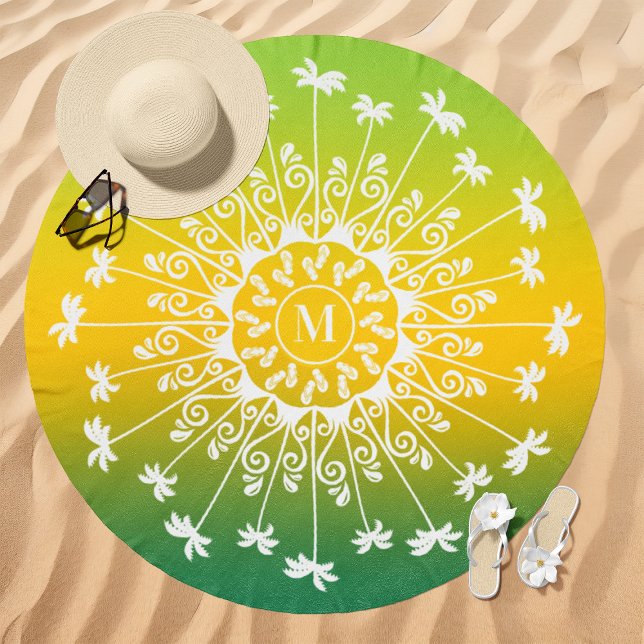 Palm Tree Gradient Mandala Monogram Yellow Green Beach Towel (Creator Uploaded)
