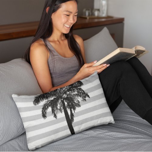 Palm Tree Gray Striped Tropical Exotic Designer Accent Pillow