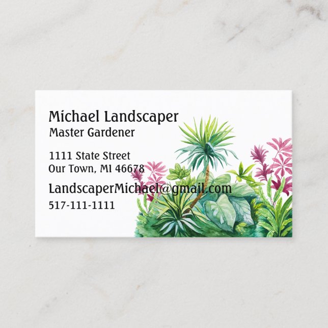 Palm tree, green, red leaves nature business card (Front)