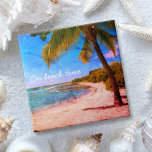 Palm Tree Hawaii Vintage Photo On Beach Time Type Ceramic Tile<br><div class="desc">“On beach time.” Rewind back to memories of lazy, tropical beach days whenever you use this Hawaii vacation funky, retro, vintage look, distressed ceramic tile of a lone palm tree on a sandy, crescent beach, with clear turquoise blue skies and water. 2 sizes to choose from: 4.25” square or 6”...</div>