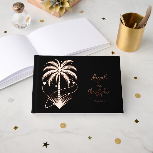 Palm Tree Hearts Wedding Foil Guest Book (Front Open)