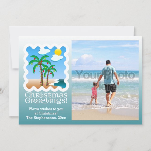 Palm Tree Holiday Lights Beach Christmas Photocard (Front)