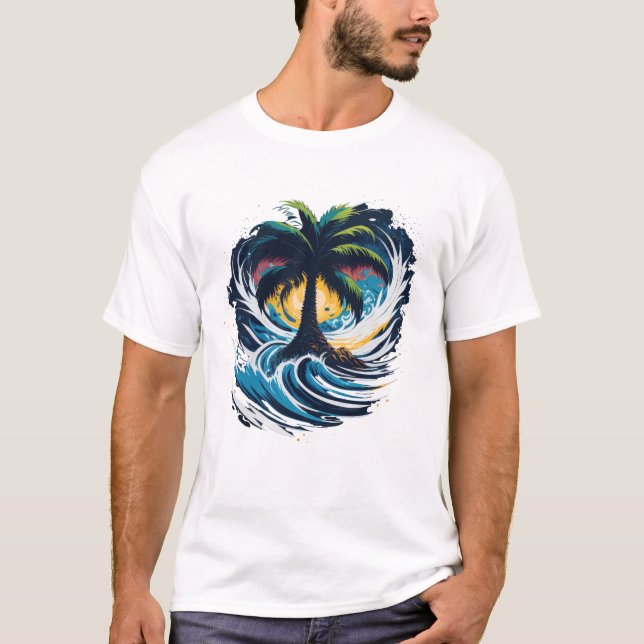 Palm tree in painting style with sea wave T-Shirt (Front)