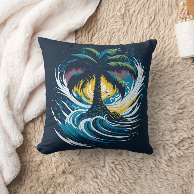 Palm tree in painting style with sea wave throw pillow (Blanket)