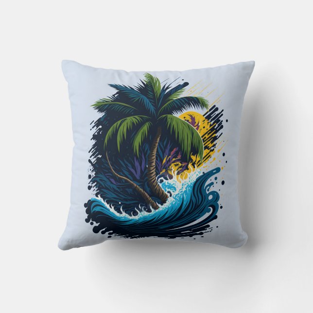 Palm tree in painting style with sea wave throw pillow (Back)