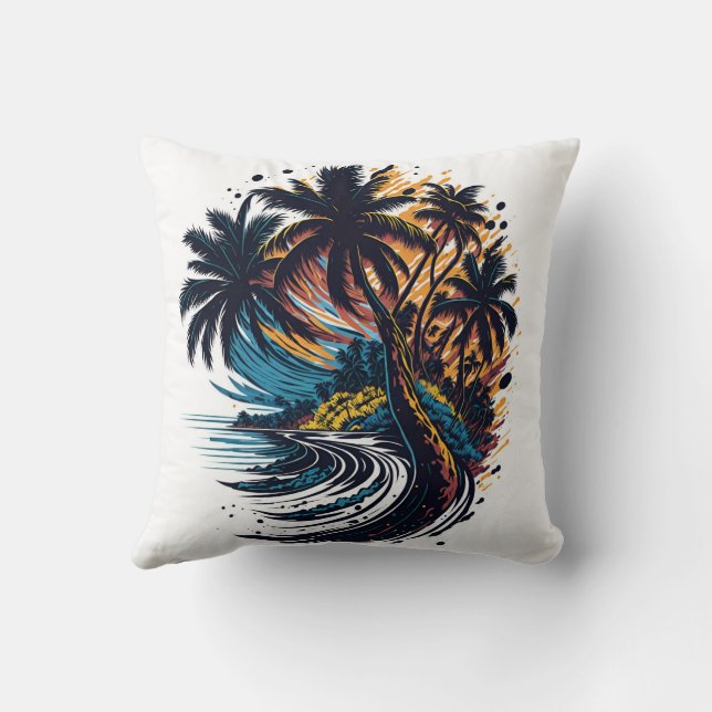 Palm tree in painting style with sea wave throw pillow (Back)
