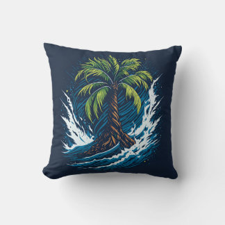 Palm tree in painting style with sea wave throw pillow