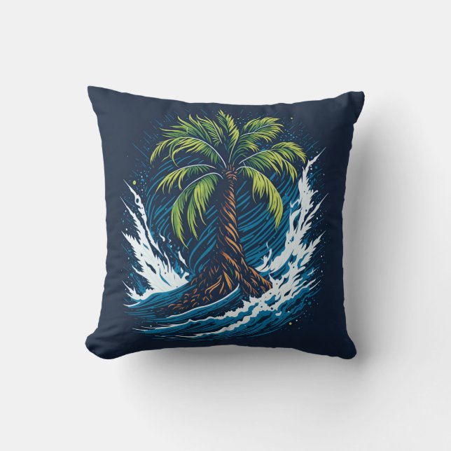 Palm tree in painting style with sea wave throw pillow (Front)
