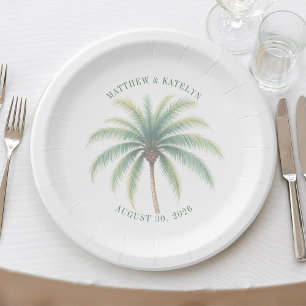 Palm Tree Island Destination Green Wedding Paper Plates