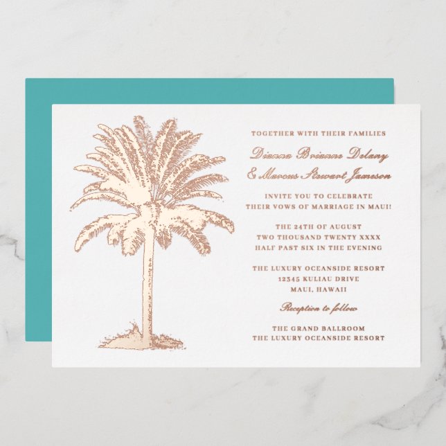 Palm Tree Island Destination Wedding Rose Gold Foil Invitation (Front/Back)