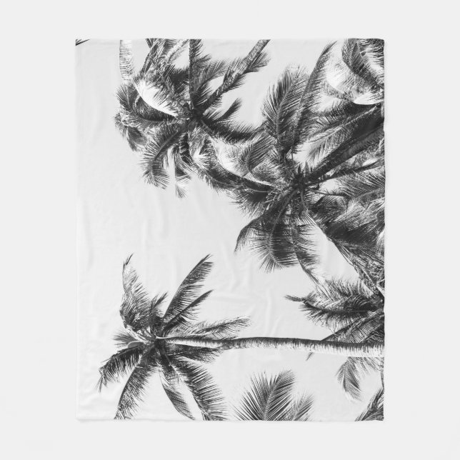 Palm Tree Leaf Black White Fleece Blanket (Front)
