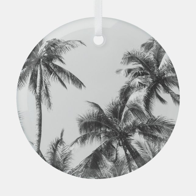 Palm Tree Leaf Black White Glass Ornament (Front)