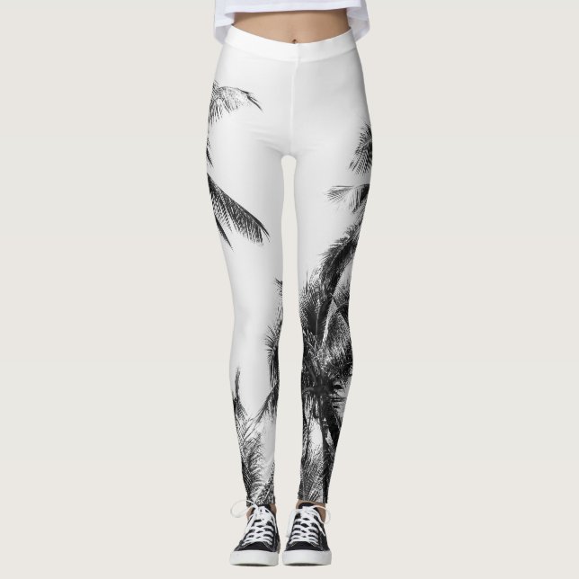 Palm Tree Leaf Black White Leggings (Front)