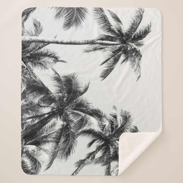 Palm Tree Leaf Black White Sherpa Blanket (Front)