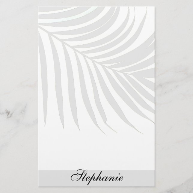 Palm Tree Leaf Grey Monogrammed Name Unique Cool Stationery (Front)