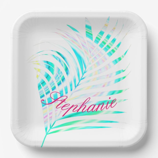 Palm Tree Leaf Patterns Tropical Multicolor Name Paper Plates (Front)
