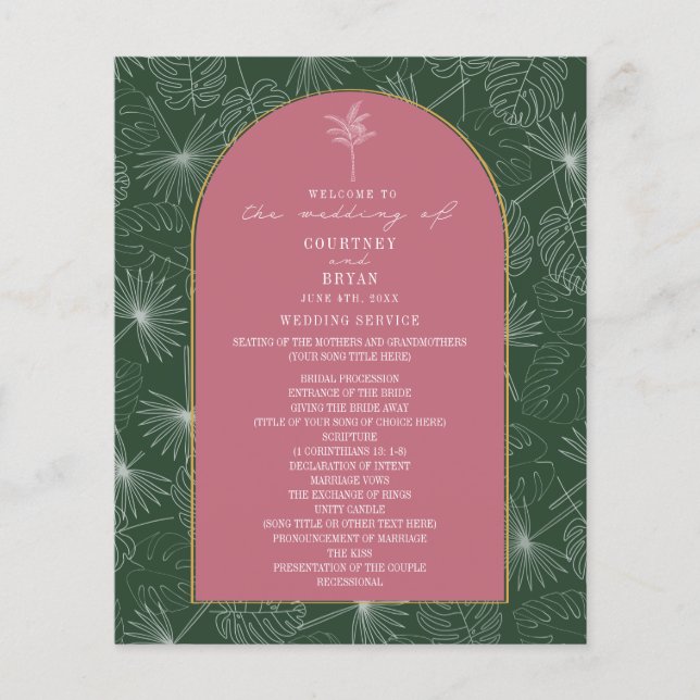 Palm Tree Leaf Pink & Green Wedding Program (Front)