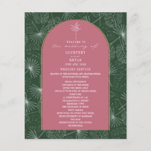 Palm Tree Leaf Pink  Green Wedding Program