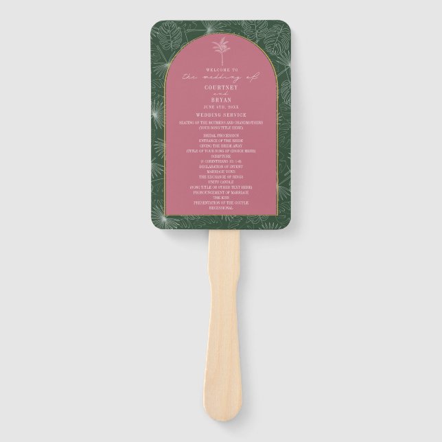 Palm Tree Leaf Pink & Green Wedding Program Hand Fan (Front)