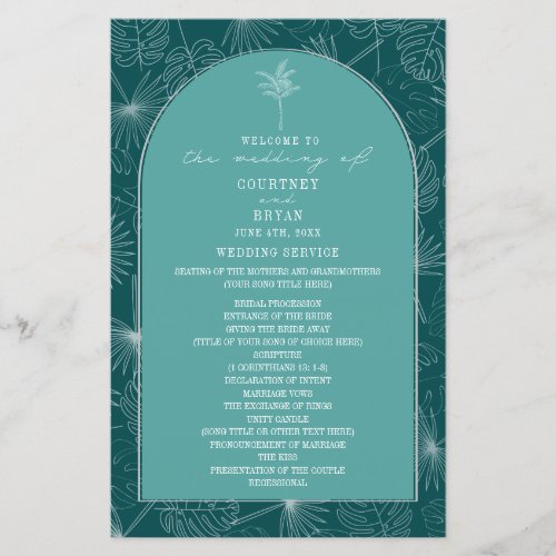 Palm Tree Leaf Teal Wedding Program