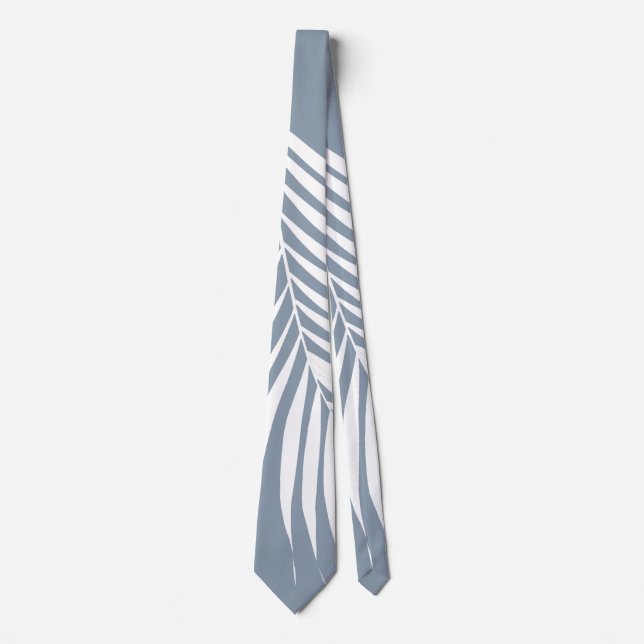 Palm Tree Leaf Tropical Dusty Blue White Abstract Neck Tie (Front)