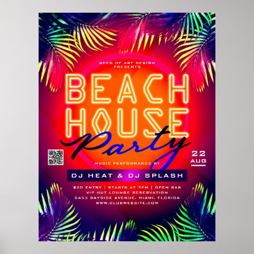 Palm Tree Leaves Beach House Party Club Event Ad Poster