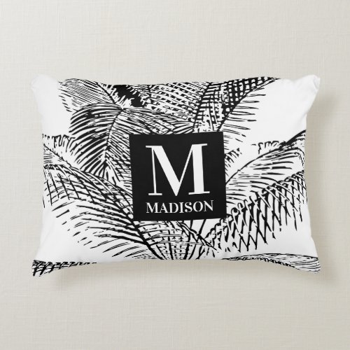 Palm Tree Leaves Black  White Abstract Monogram Accent Pillow