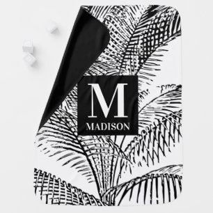 Palm Tree Leaves Black & White Abstract Monogram Baby Blanket