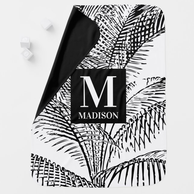 Palm Tree Leaves Black & White Abstract Monogram Baby Blanket (In Situ)