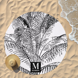 Palm Tree Leaves Black & White Abstract Monogram Beach Towel