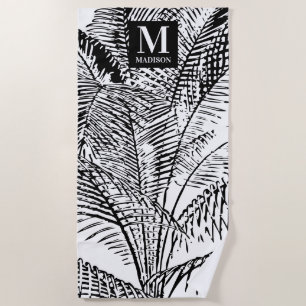 Palm Tree Leaves Black & White Abstract Monogram Beach Towel