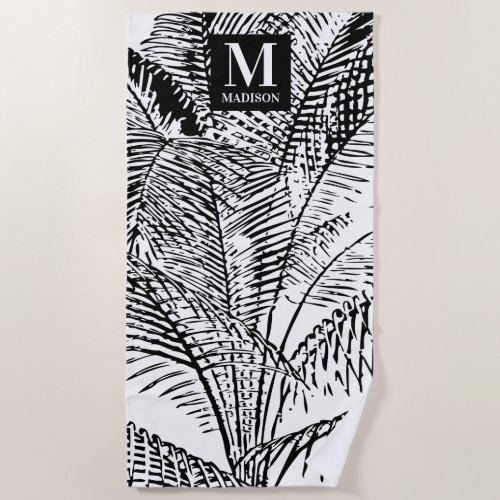 Palm Tree Leaves Black  White Abstract Monogram  Beach Towel