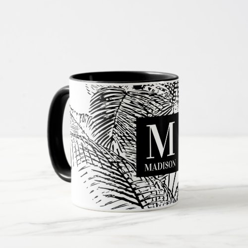Palm Tree Leaves Black  White Abstract Monogram  Mug
