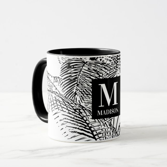 Palm Tree Leaves Black & White Abstract Monogram  Mug (Front Left)