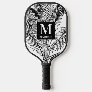 Palm Tree Leaves Black & White Abstract Monogram Pickleball Paddle