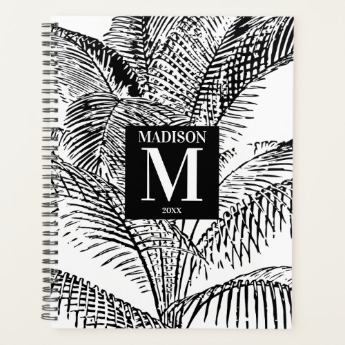 Palm Tree Leaves Black  White Abstract Monogram  Planner