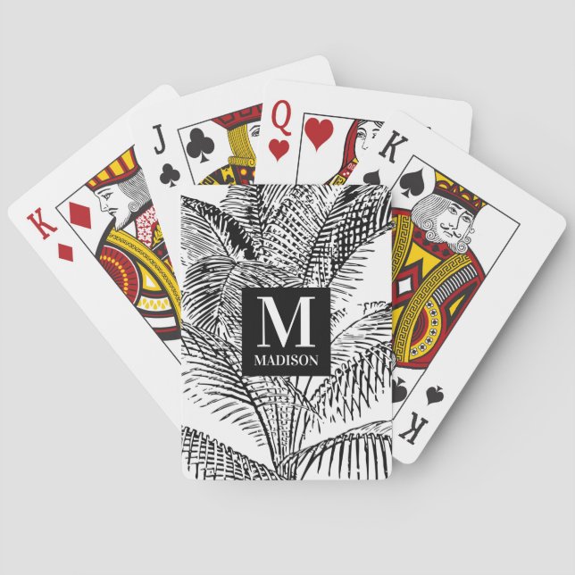 Palm Tree Leaves Black & White Abstract Monogram  Poker Cards (Back)