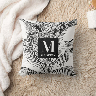 Palm Tree Leaves Black & White Abstract Monogram Throw Pillow