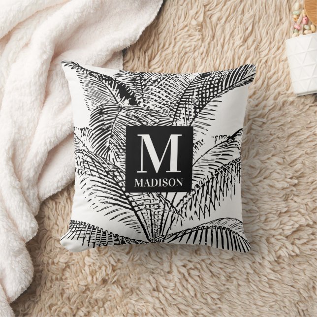 Palm Tree Leaves Black & White Abstract Monogram Throw Pillow (Blanket)