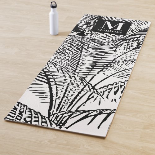 Palm Tree Leaves Black  White Abstract Monogram   Yoga Mat