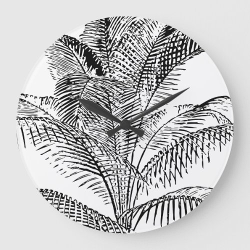 Palm Tree Leaves Black  White Abstract Pattern Large Clock